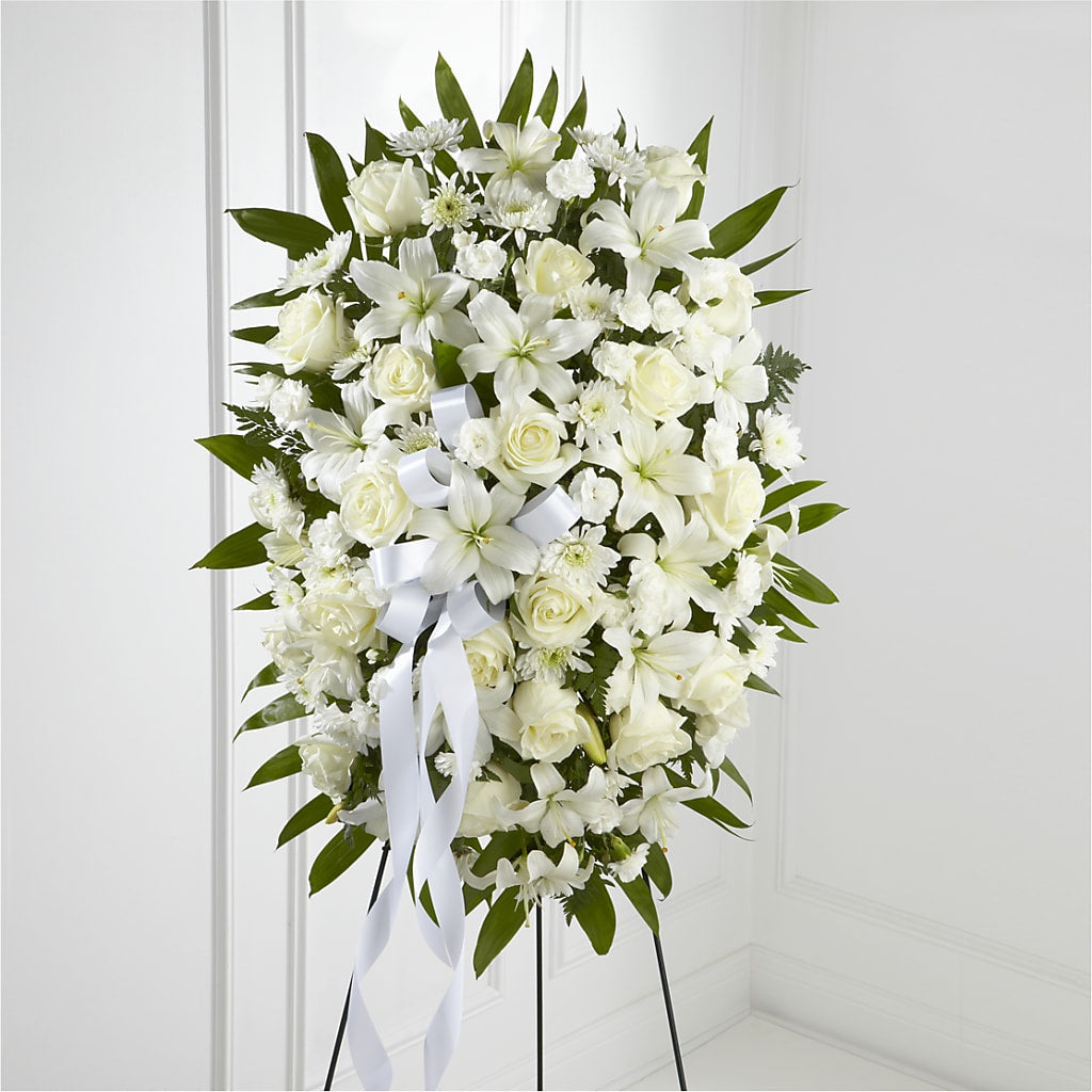 Exquisite Tribute Standing Spray-White Ribbon – Chillicothe High Street Flower Shop, Chillicothe OH