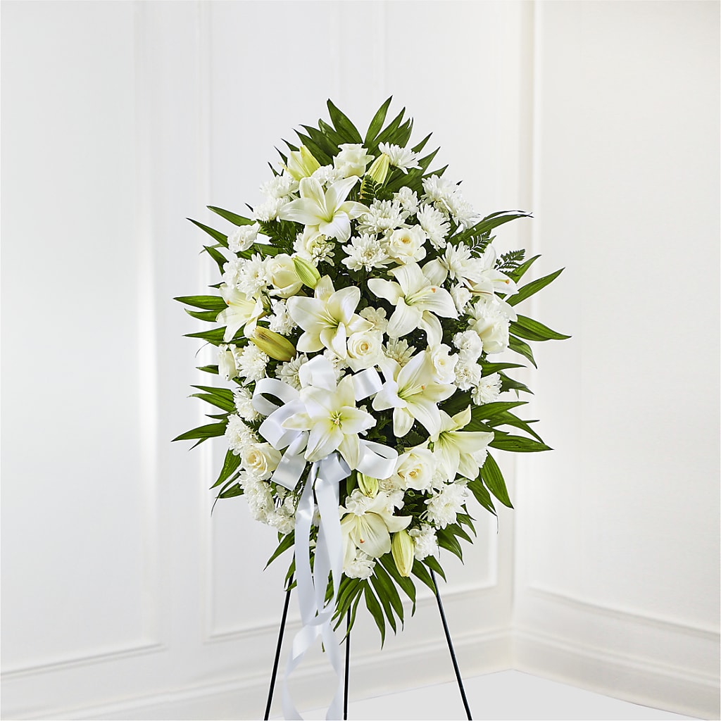 Exquisite Tribute Standing Spray-White Ribbon – Chillicothe High Street Flower Shop, Chillicothe OH